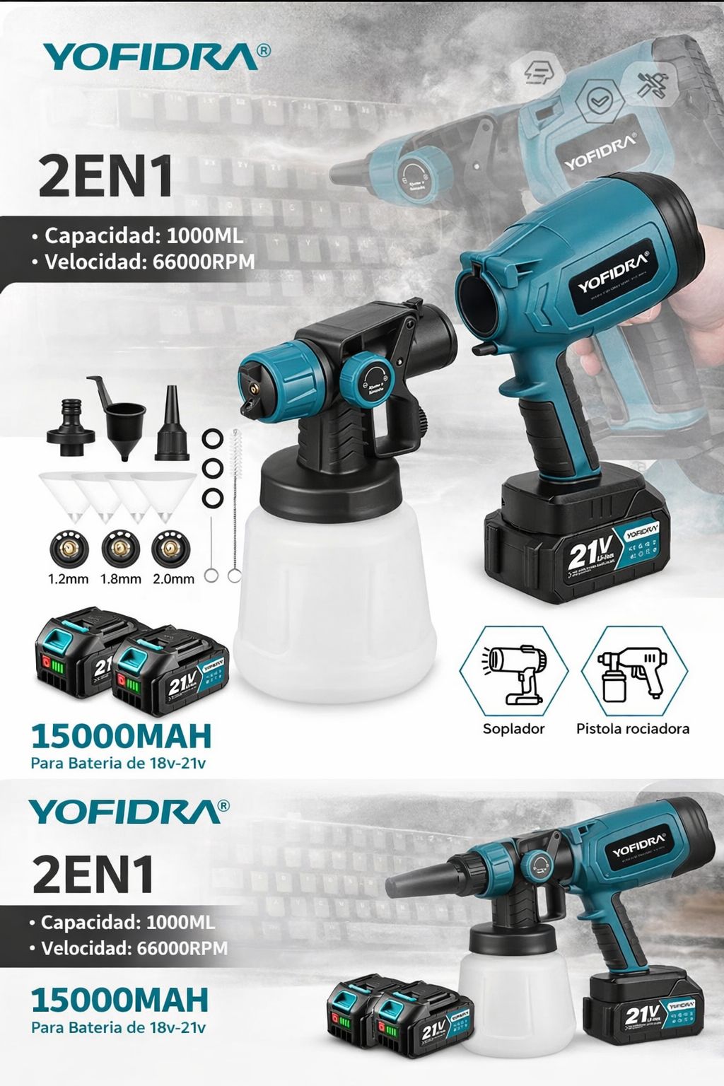 YOFIDRA - Pistola pulverizadora de 1000 ml, inalámbrica, para muebles, automóviles, revestimiento de acero.